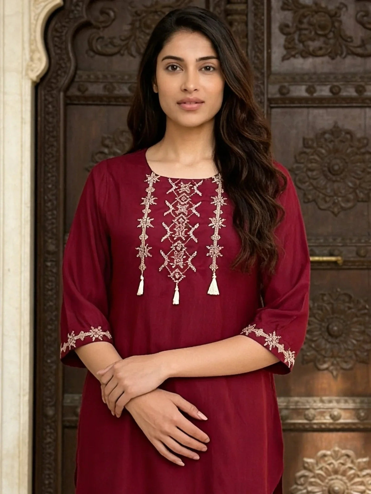 Buy Maroon Rayon Embroidered A-Line Thigh Length Co-Ord Set-Maroon