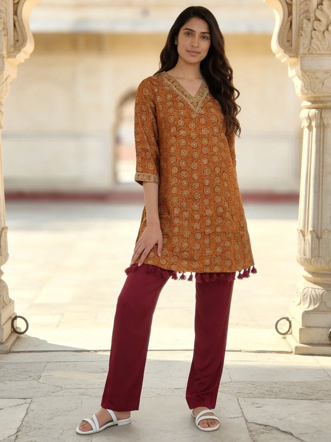 Buy Mustard Rayon Embroidered A-Line Thigh Length Co-Ord Set-Mustard & Red