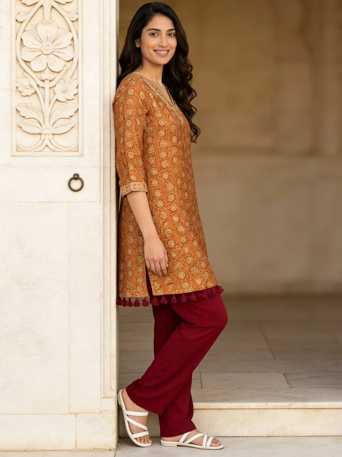 Buy Mustard Rayon Embroidered A-Line Thigh Length Co-Ord Set-Mustard & Red