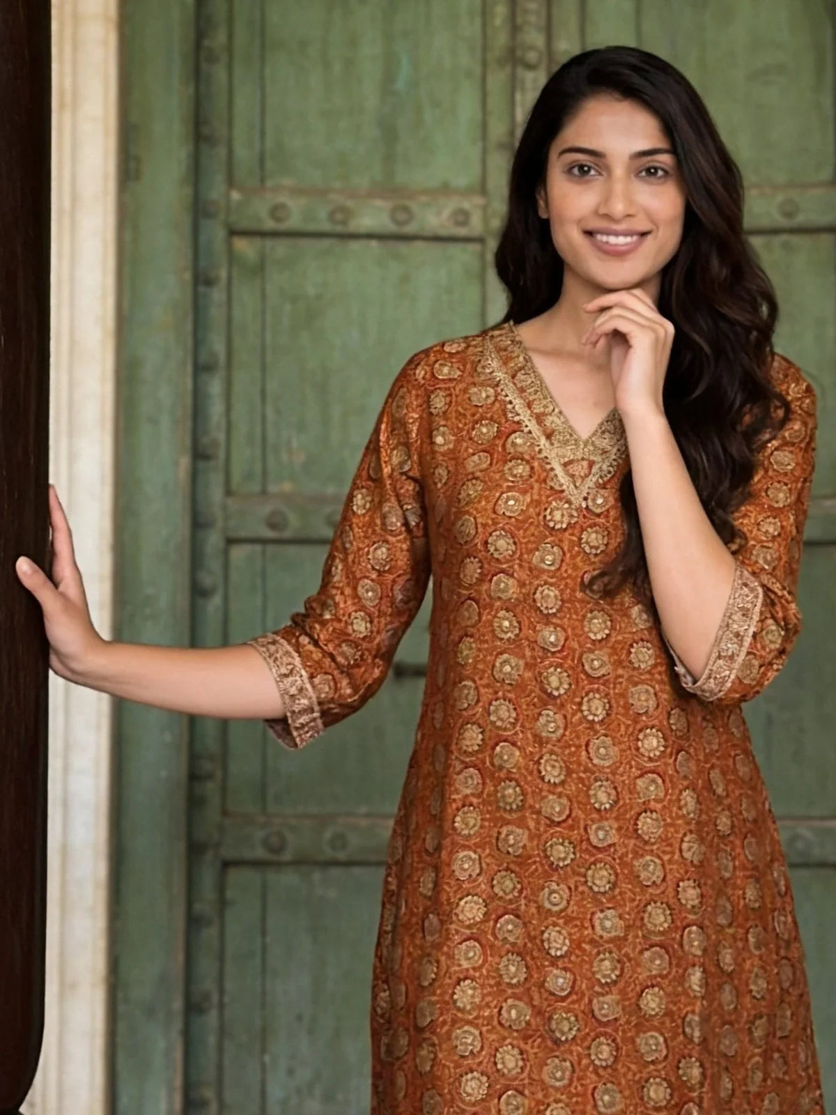 Buy Rayon Embroidered A-Line Co-Ord Set-Mustard & Red