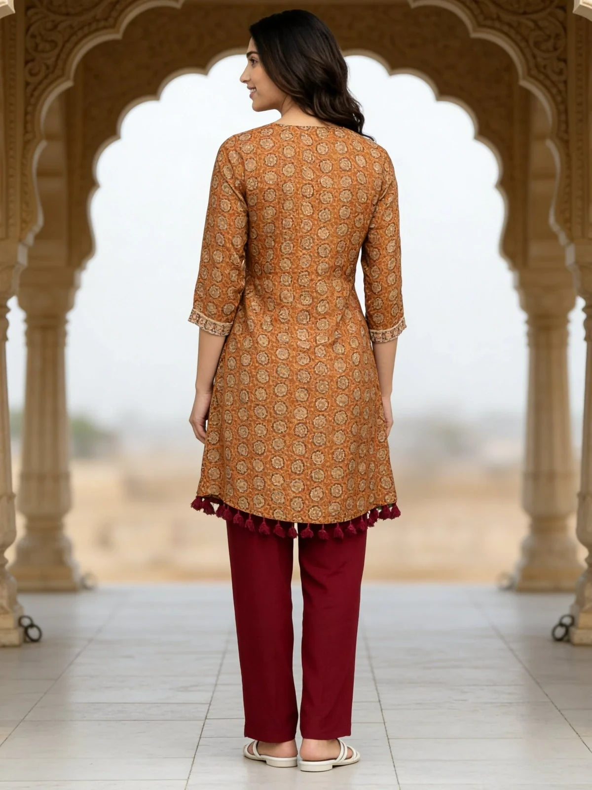 Buy Rayon Embroidered A-Line Co-Ord Set-Mustard & Red