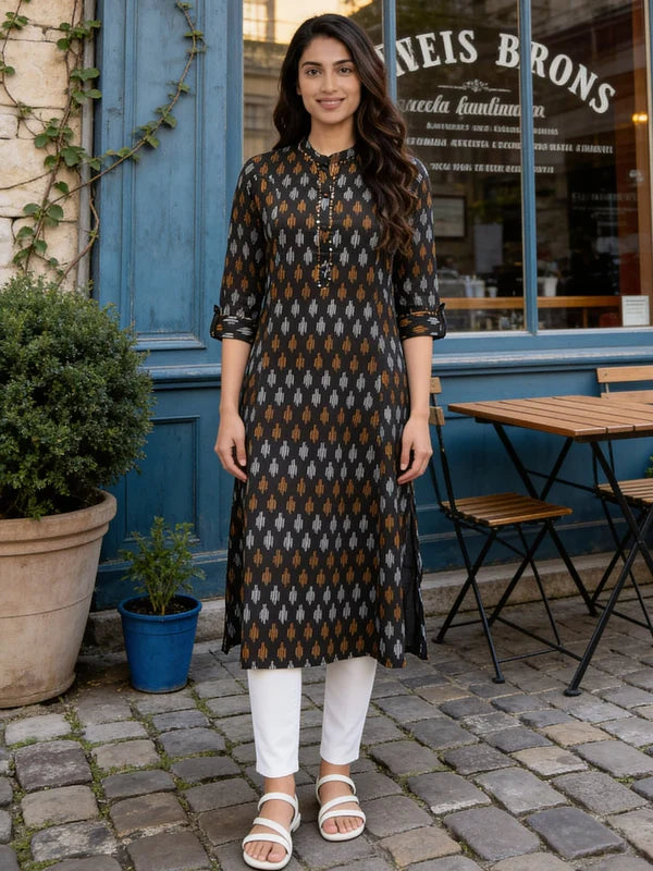 Buy Black Cotton Printed Straight Knee Length Kurta-Black