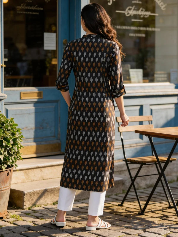 Buy Black Cotton Printed Straight Knee Length Kurta-Black