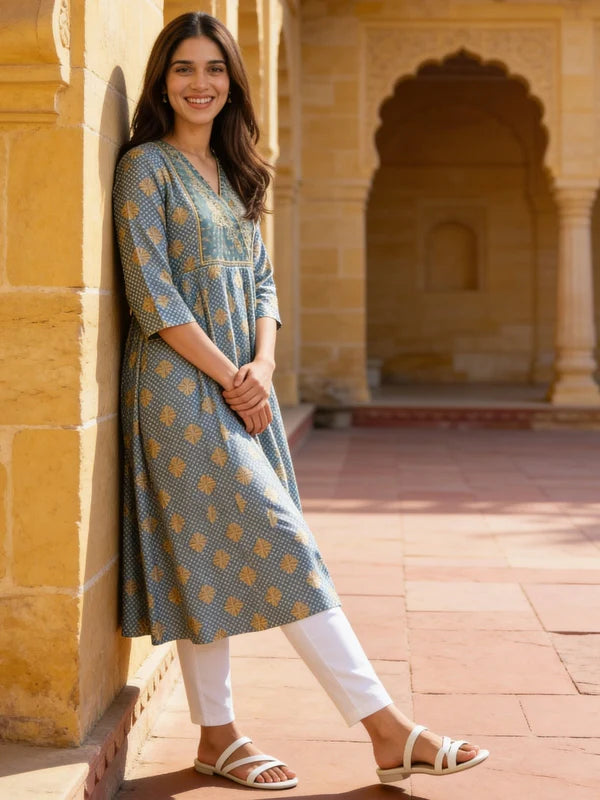 Buy Blue Rayon Embroidered Anarkali Calf Length Kurta-Blue