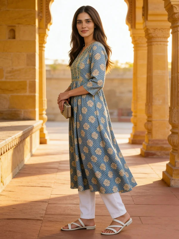 Buy Blue Rayon Embroidered Anarkali Calf Length Kurta-Blue