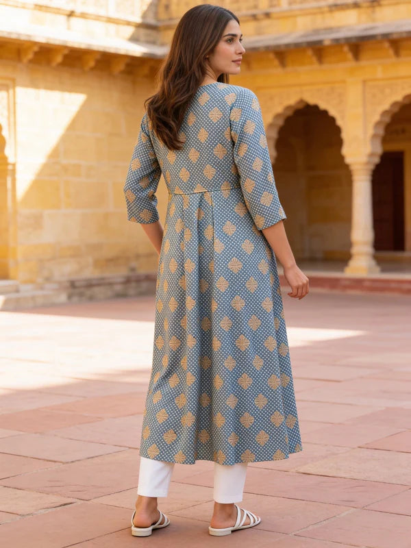 Buy Rayon Embroidered Anarkali Calf Length Kurta-Blue