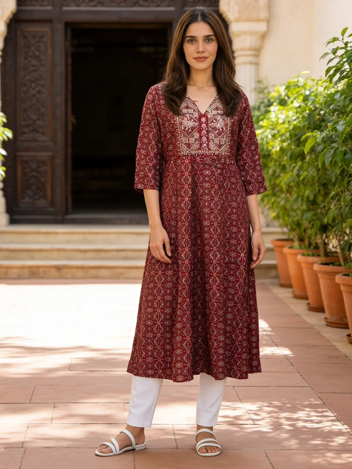 Buy Maroon Rayon Embroidered Anarkali Calf Length Kurta-Maroon