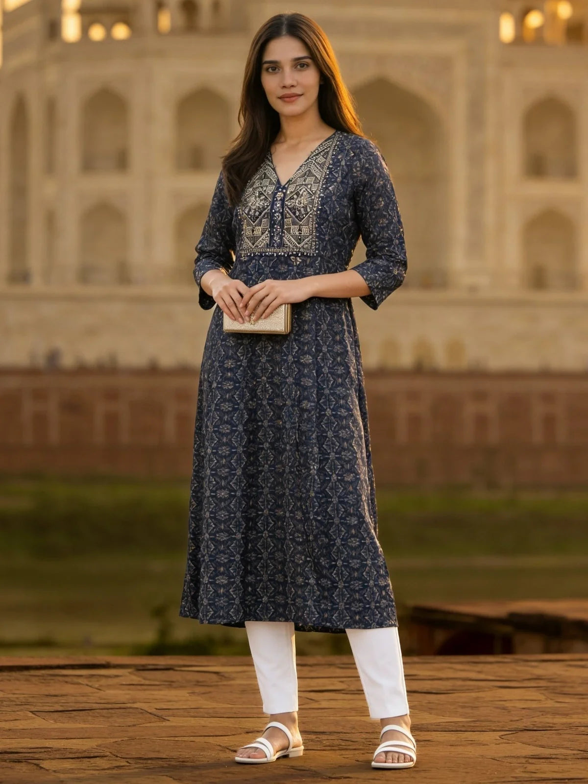 Buy Blue Rayon Embroidered Anarkali Calf Length Kurta-Blue