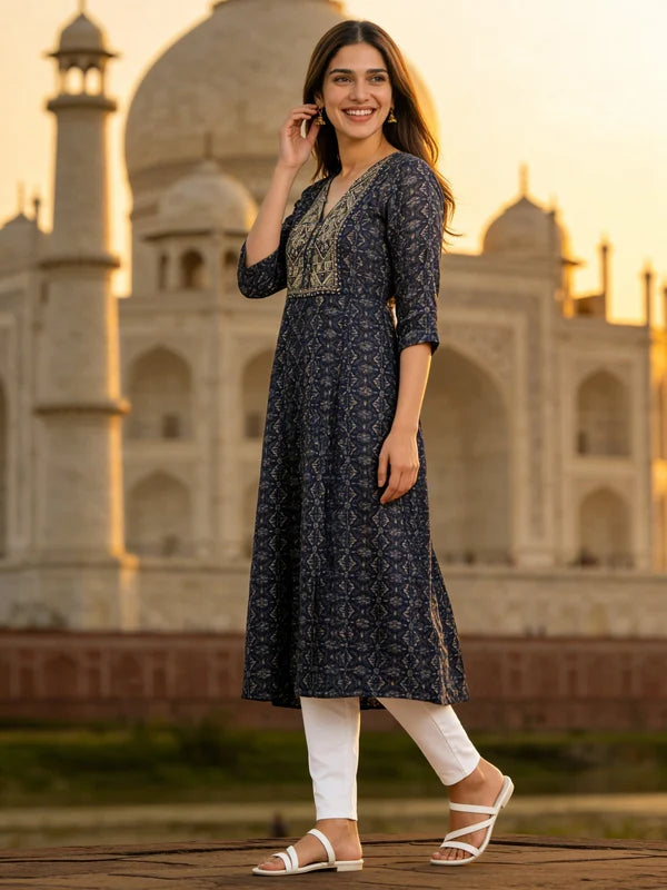 Buy Blue Rayon Embroidered Anarkali Calf Length Kurta-Blue