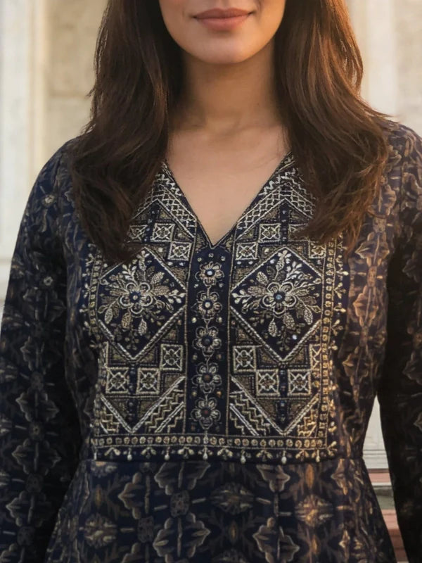 Buy Blue Rayon Embroidered Anarkali Calf Length Kurta-Blue