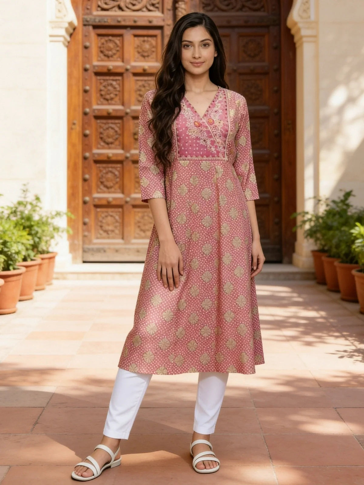 Pink Rayon Embroidered Anarkali Calf Length Kurta