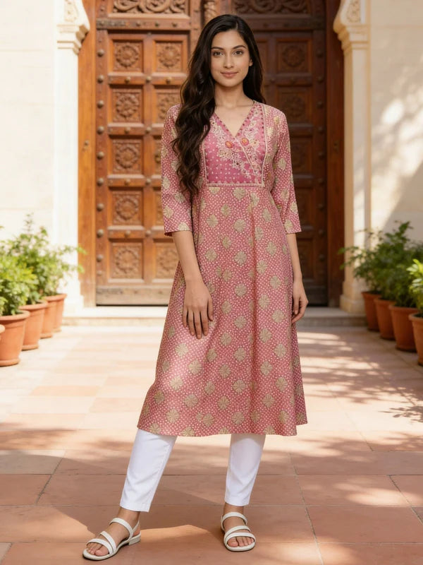 Buy Pink Rayon Embroidered Anarkali Calf Length Kurta-Pink