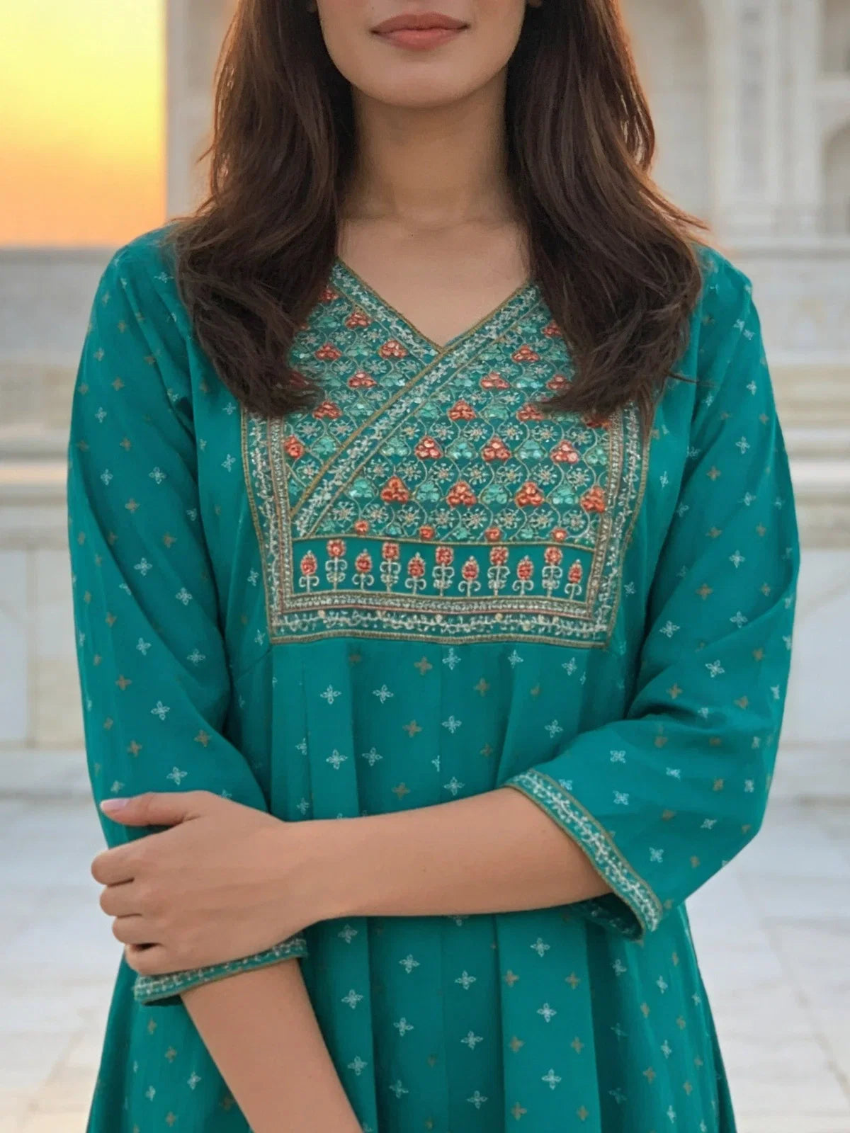 Buy Rayon Embroidered Anarkali Calf Length Kurta-Sea Green