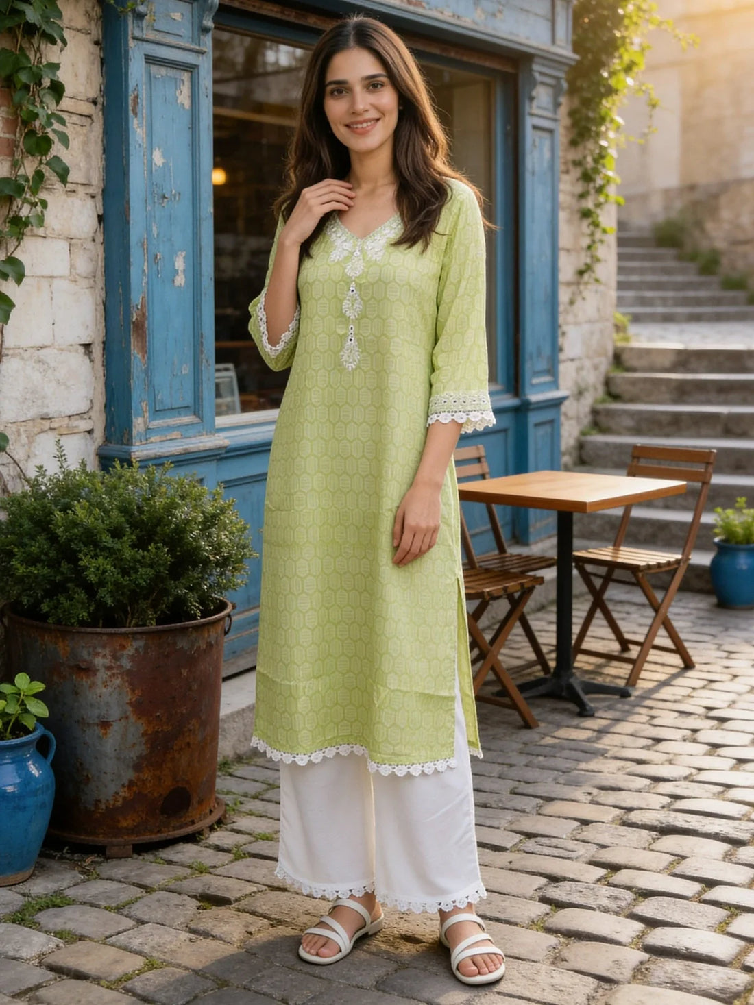 Buy Green Cotton Embroidered Straight Calf Length Kurta with Pant-Green
