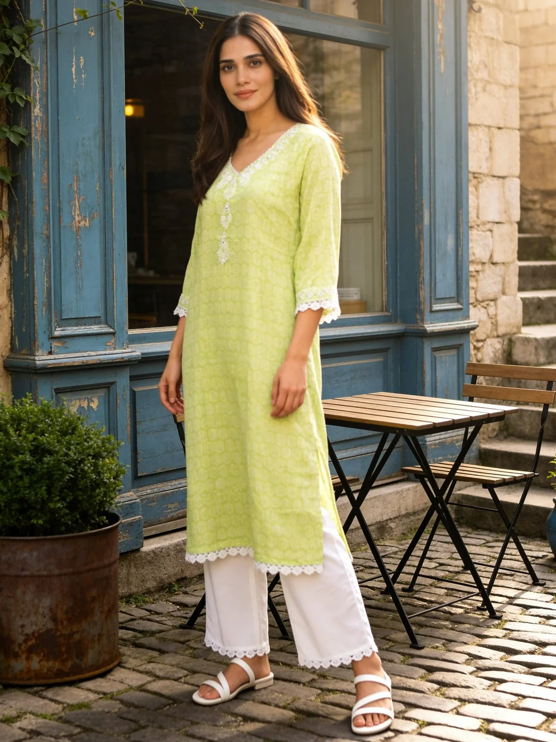 Buy Green Cotton Embroidered Straight Calf Length Kurta with Pant-Green