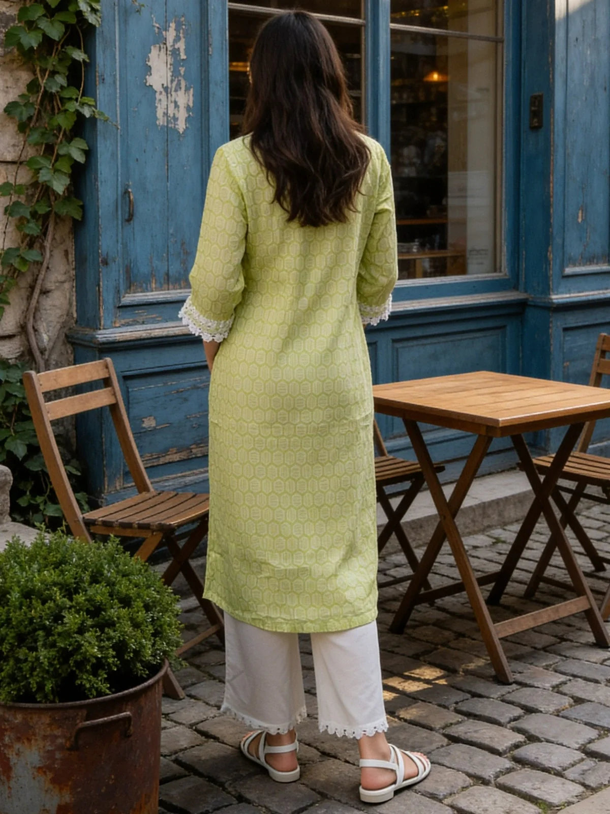 Buy Green Cotton Embroidered Straight Calf Length Kurta with Pant-Green