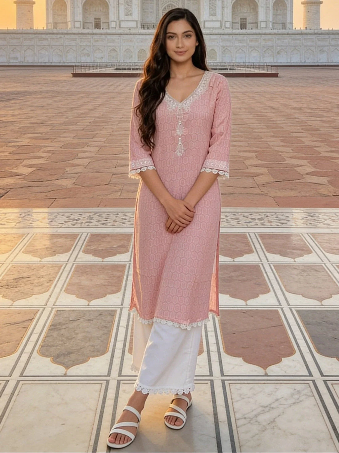 Buy Peach Cotton Embroidered Straight Calf Length Kurta with Pant-Peach