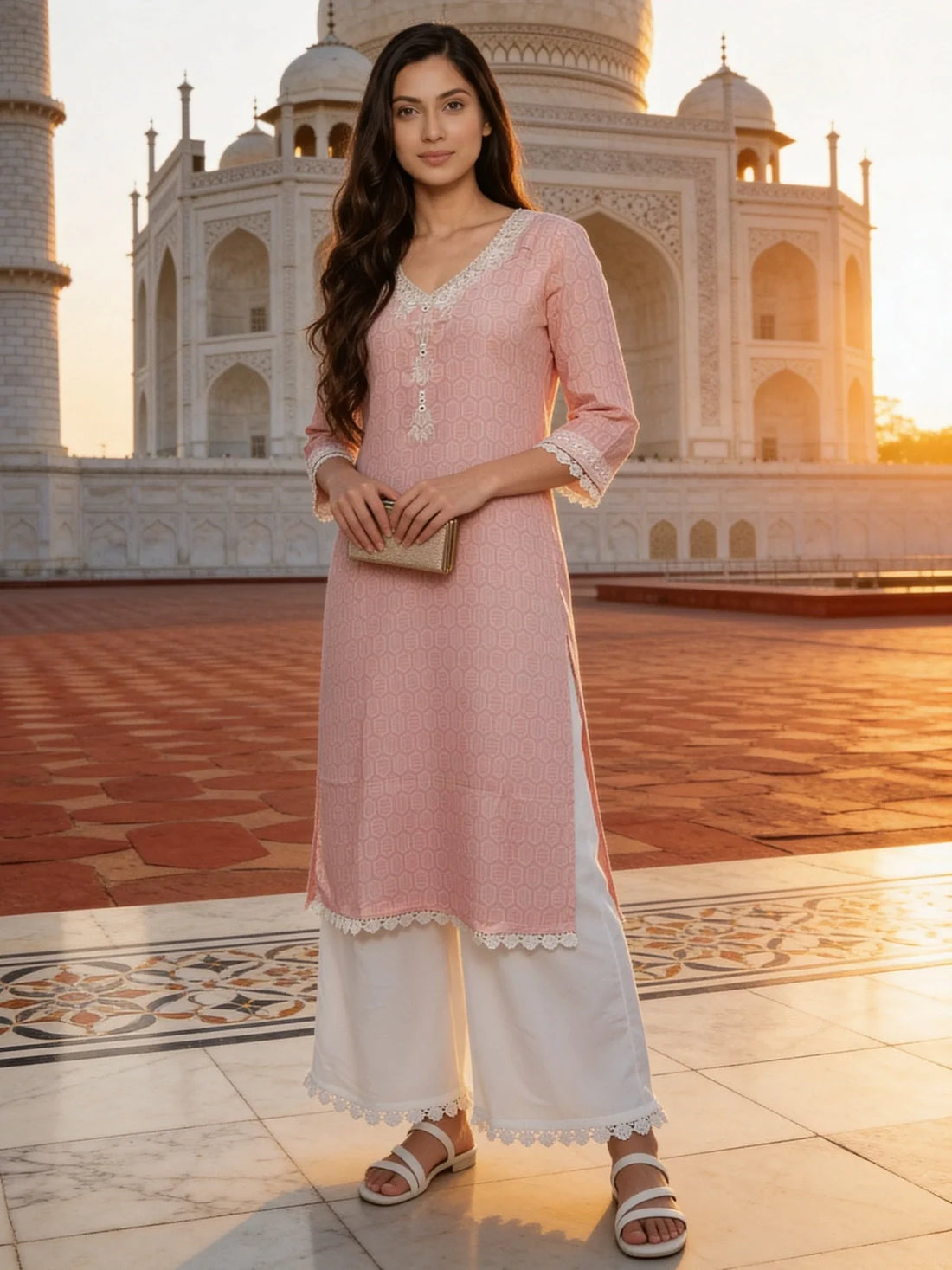 Buy Peach Cotton Embroidered Straight Calf Length Kurta with Pant-Peach