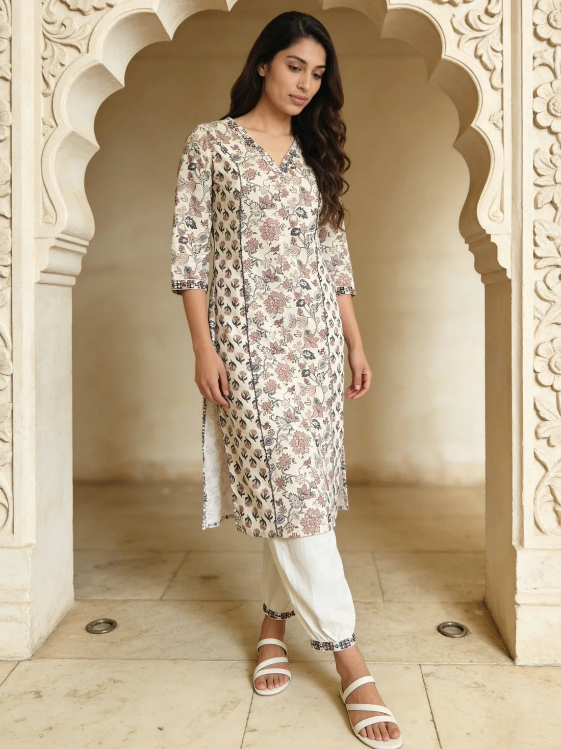 Buy Grey Cotton Embroidered Straight Calf Length Kurta with Pant-Multi