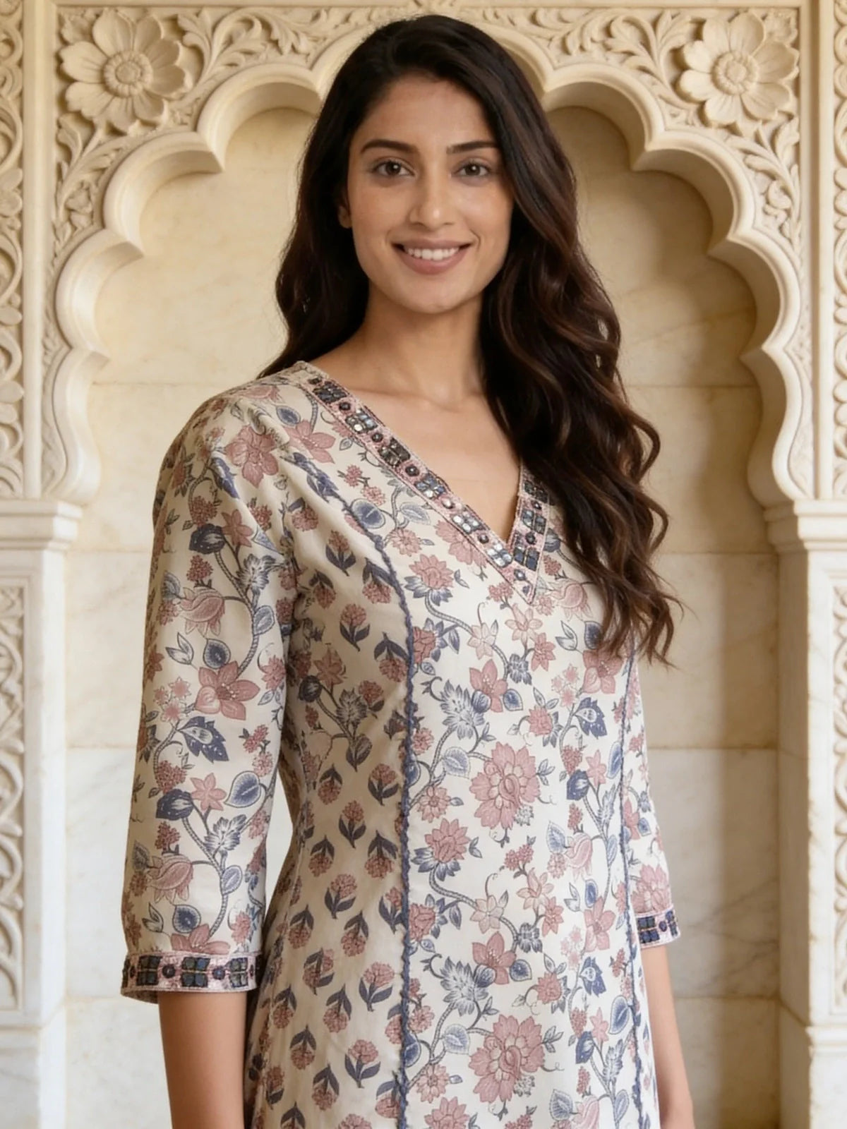 Buy Grey Cotton Embroidered Straight Calf Length Kurta with Pant-Multi