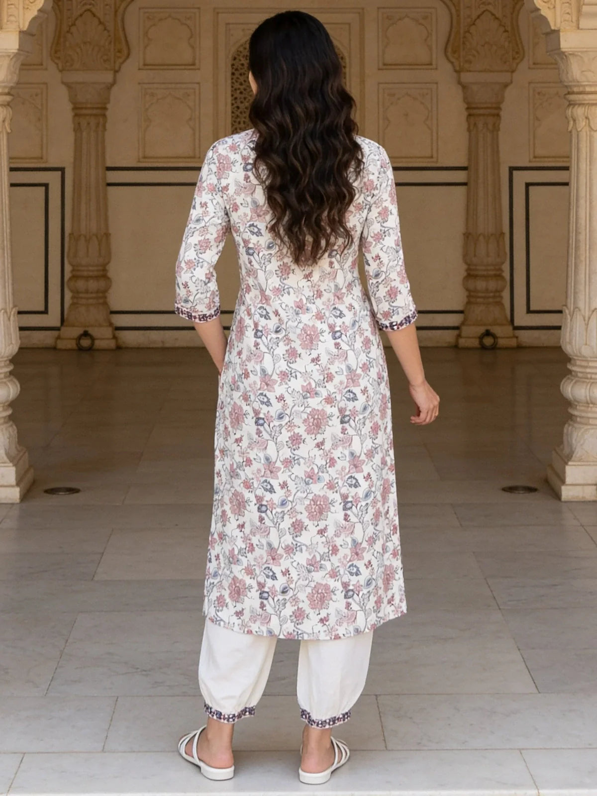 Buy Grey Cotton Embroidered Straight Calf Length Kurta with Pant-Multi