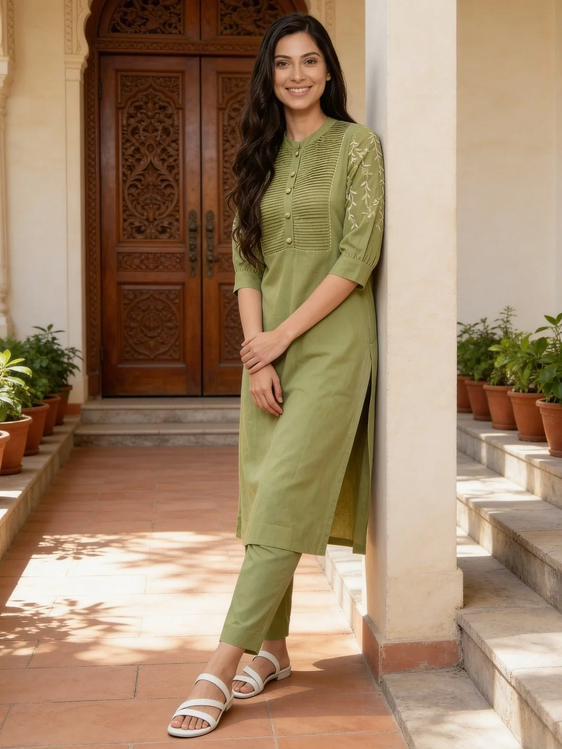 Buy Green Cotton Embroidered Straight Calf Length Kurta with Pant-Green