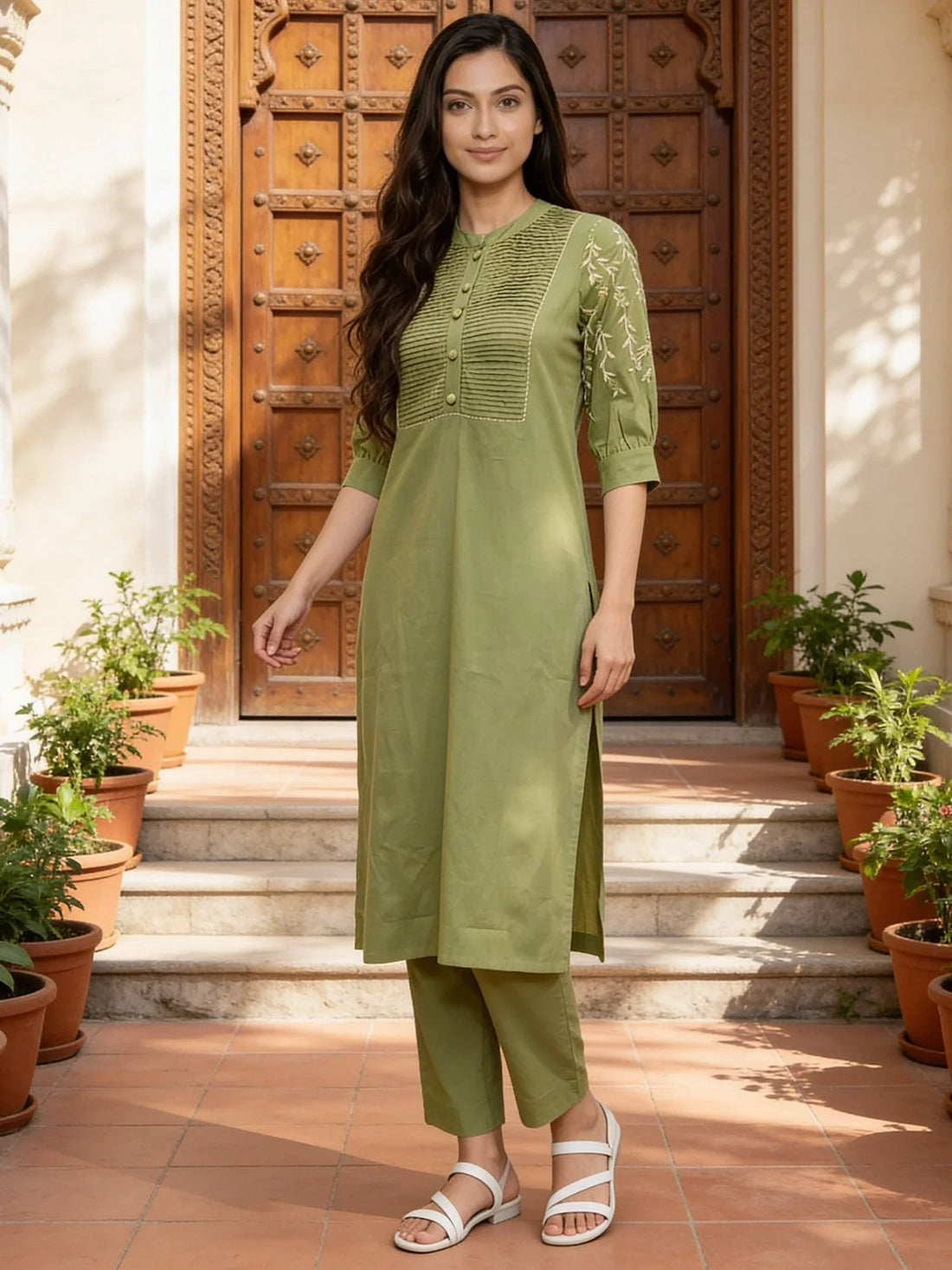 Buy Green Cotton Embroidered Straight Calf Length Kurta with Pant-Green
