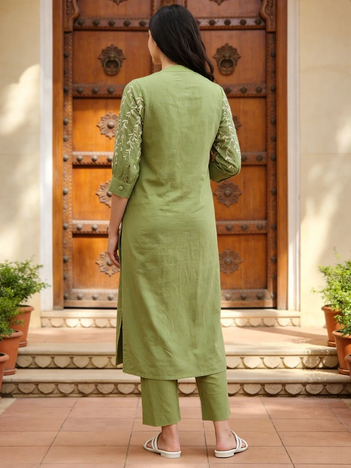 Buy Green Cotton Embroidered Straight Calf Length Kurta with Pant-Green