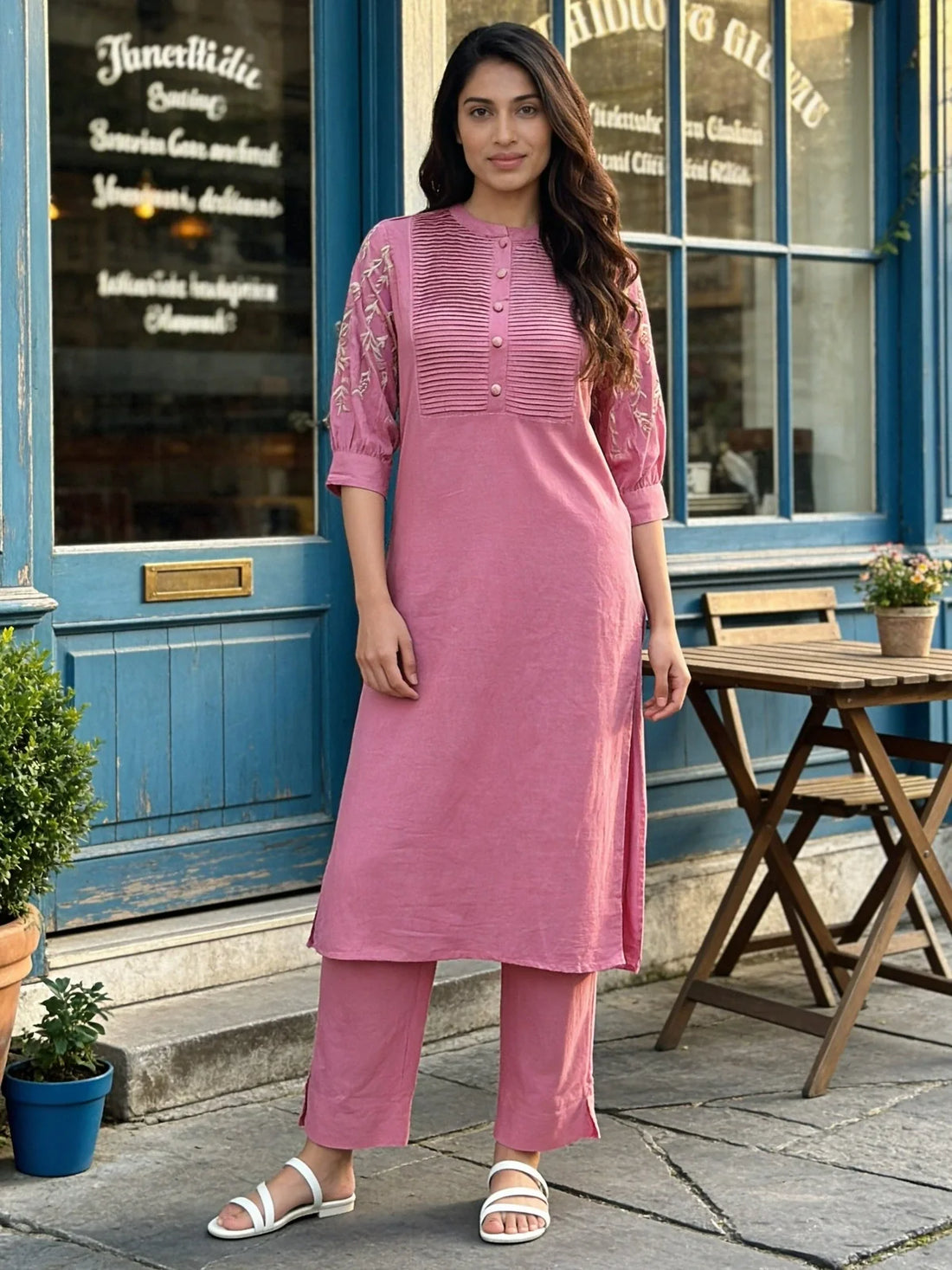 Buy Pink Cotton Embroidered Straight Calf Length Kurta with Pant-Pink