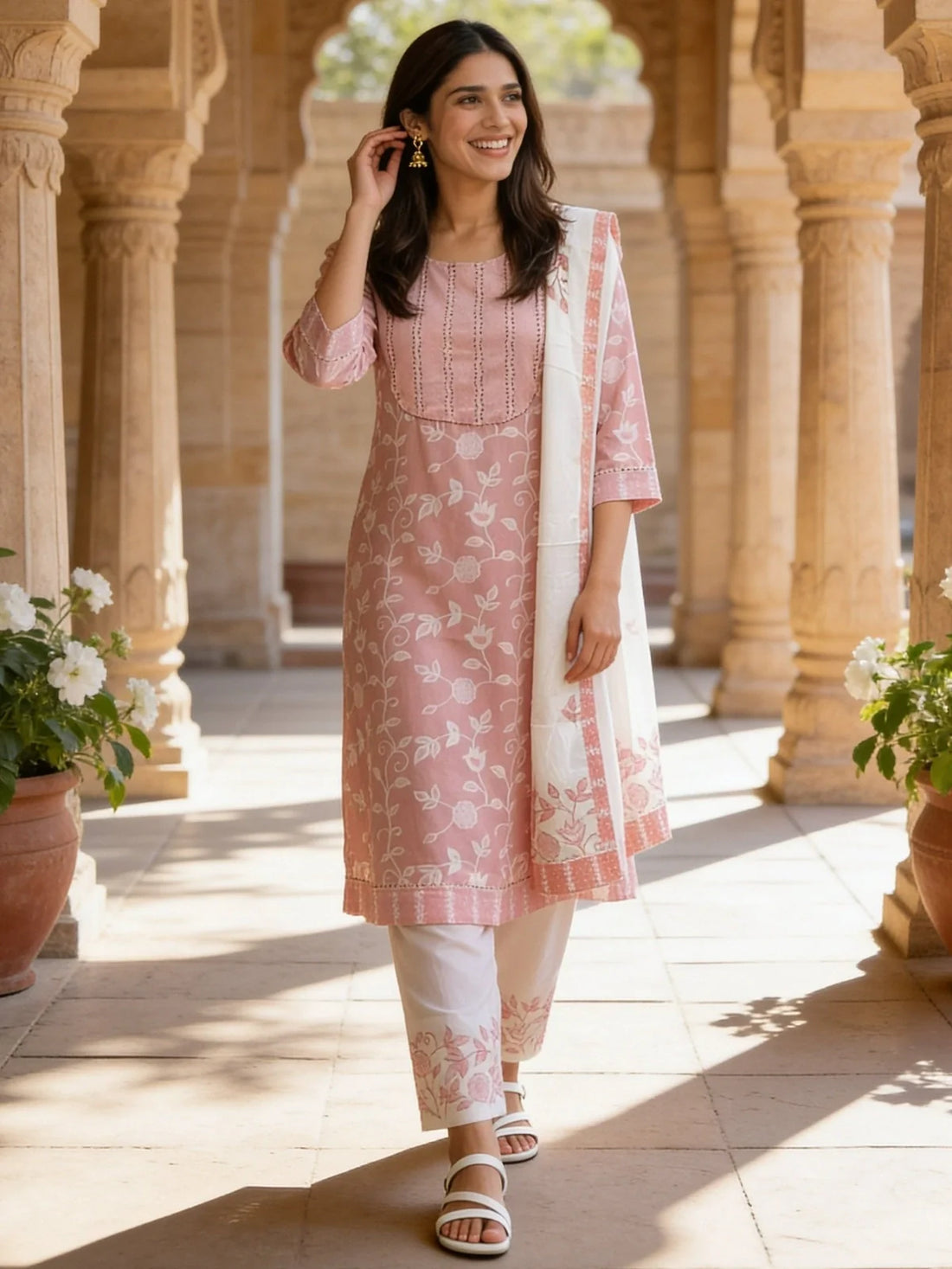 Buy Peach Cotton Embroidered Straight Calf Length Kurta With Pant and Dupatta-Peach