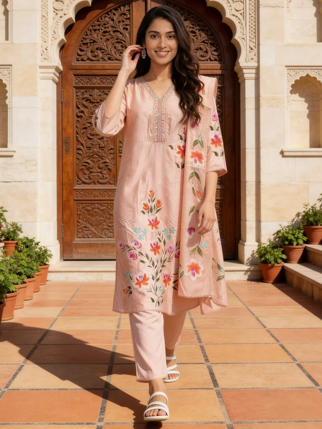 Buy Peach Rayon Embroidered Straight Calf Length Kurta With Pant and Dupatta-Peach
