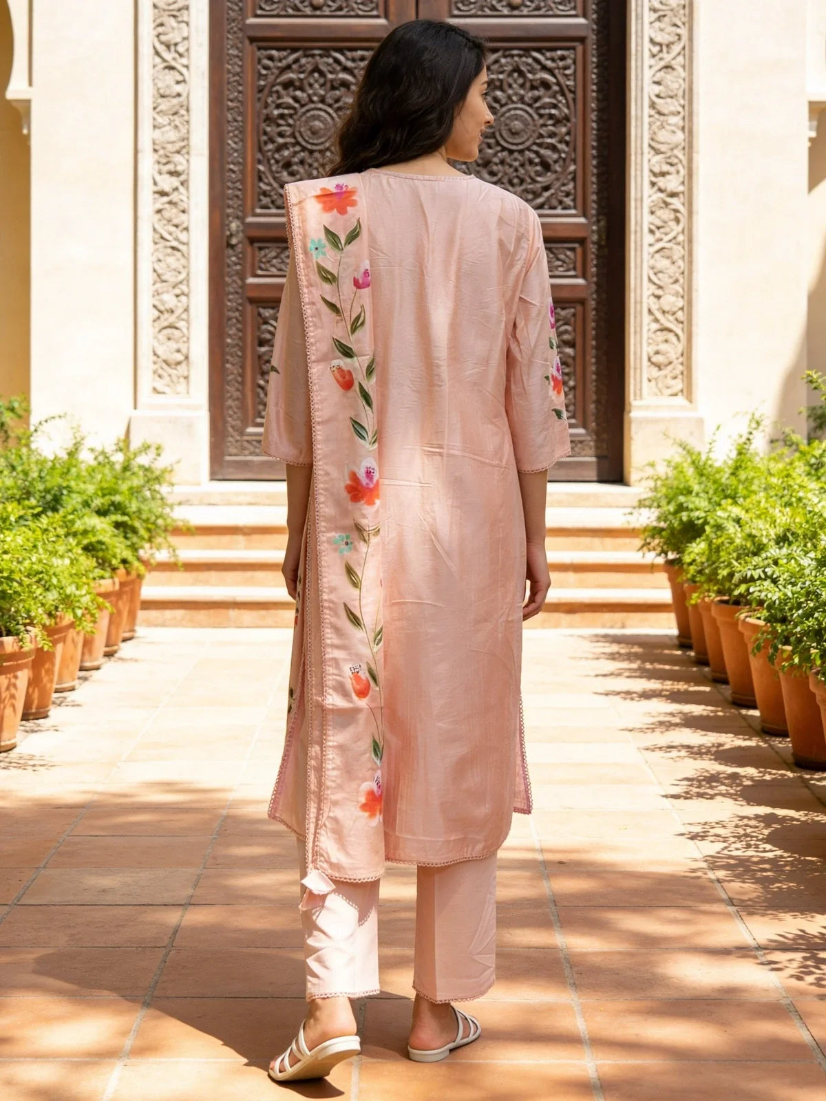 Buy Peach Rayon Embroidered Straight Calf Length Kurta With Pant and Dupatta-Peach