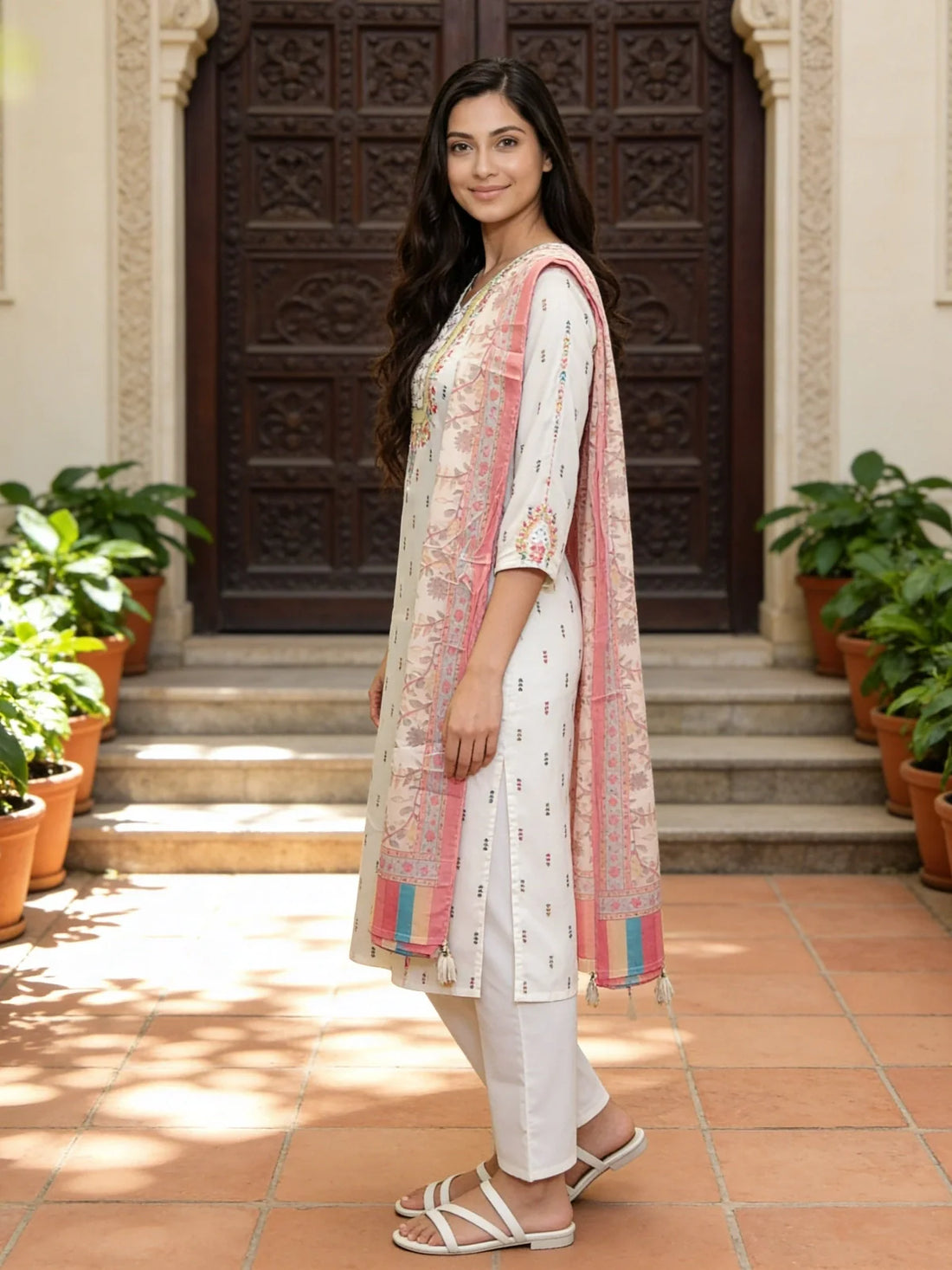 Buy Off White Cotton Embroidered Straight Calf Length Kurta With Pant and Dupatta-Off White