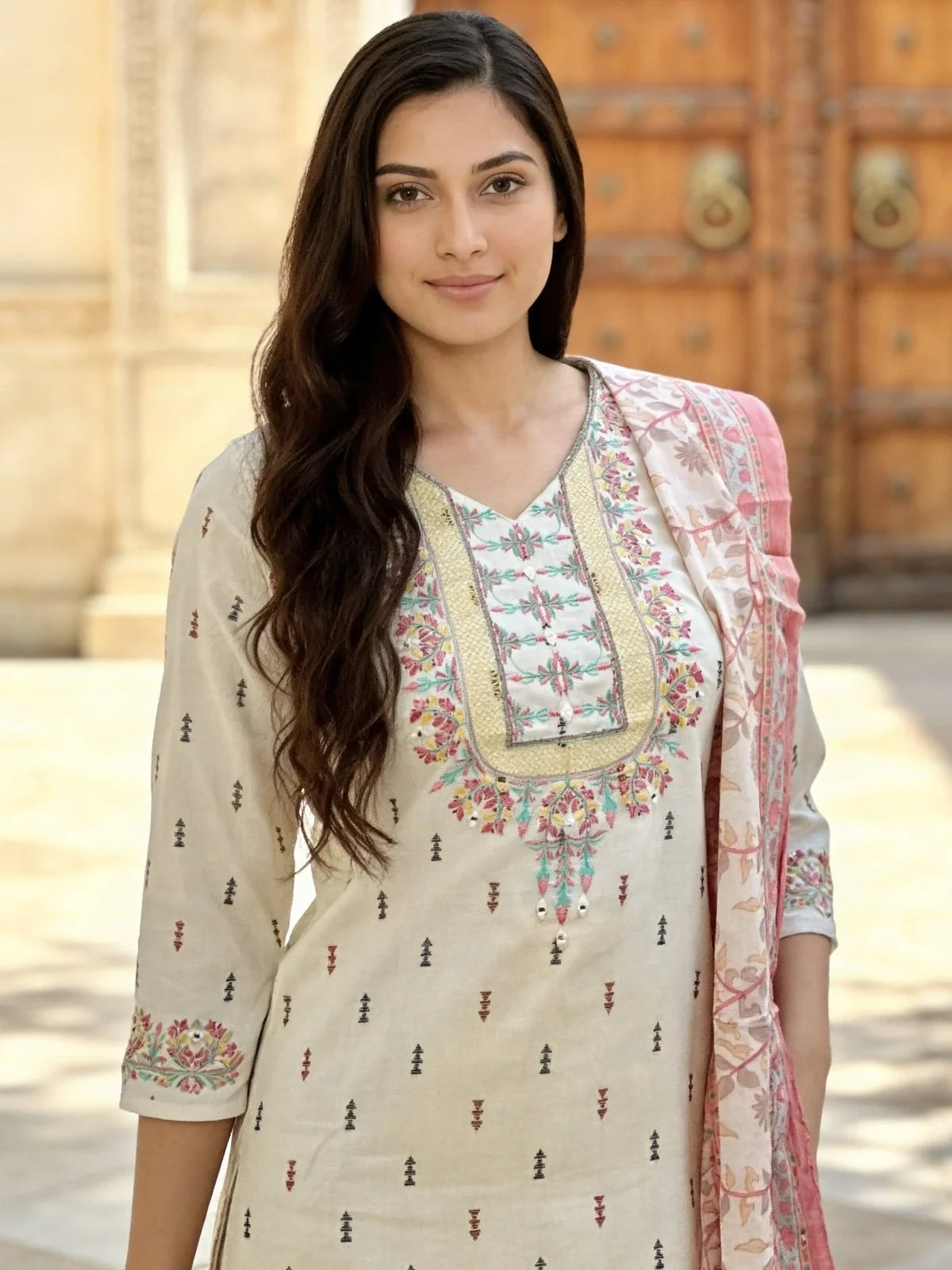 Buy Off White Cotton Embroidered Straight Calf Length Kurta With Pant and Dupatta-Off White