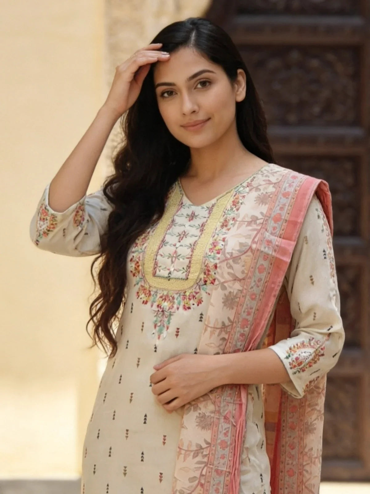 Buy Off White Cotton Embroidered Straight Calf Length Kurta With Pant and Dupatta-Off White
