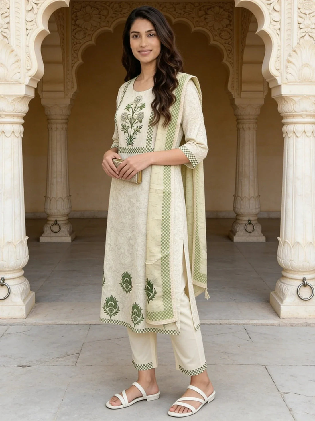 Buy Off White Cotton Embroidered Straight Calf Length Kurta With Pant and Dupatta-Off White & Green