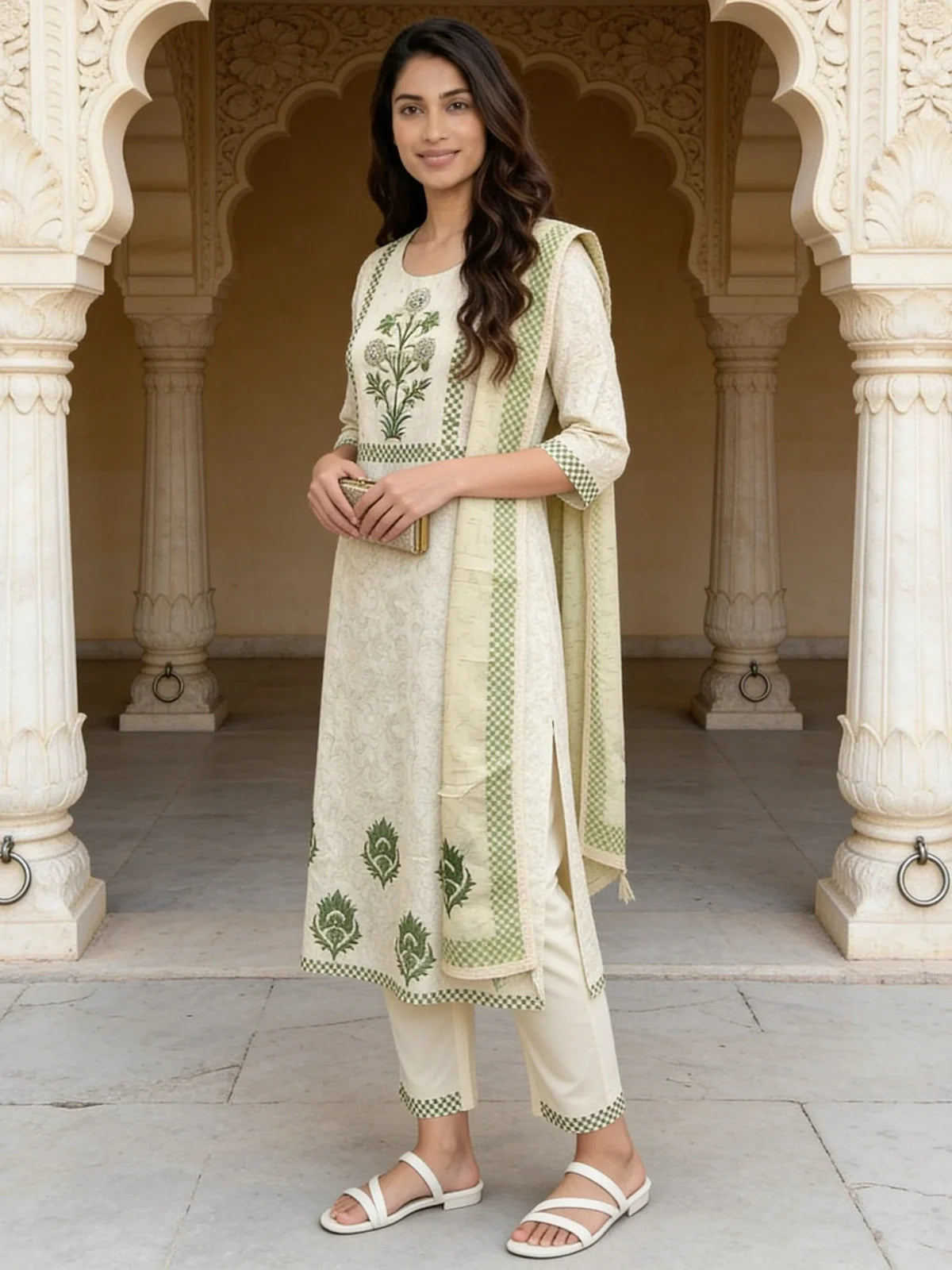 Buy Off White Cotton Embroidered Straight Calf Length Kurta With Pant and Dupatta-Off White & Green