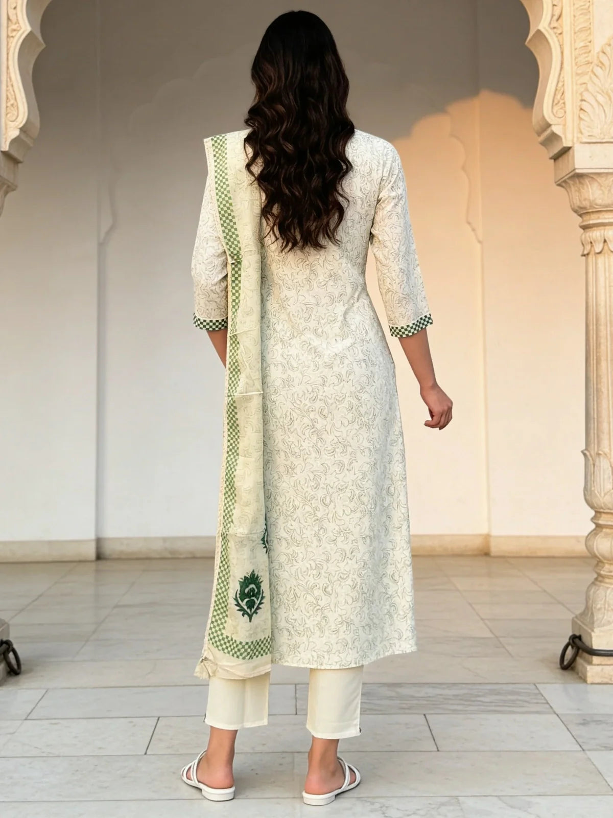 Buy Off White Cotton Embroidered Straight Calf Length Kurta With Pant and Dupatta-Off White & Green