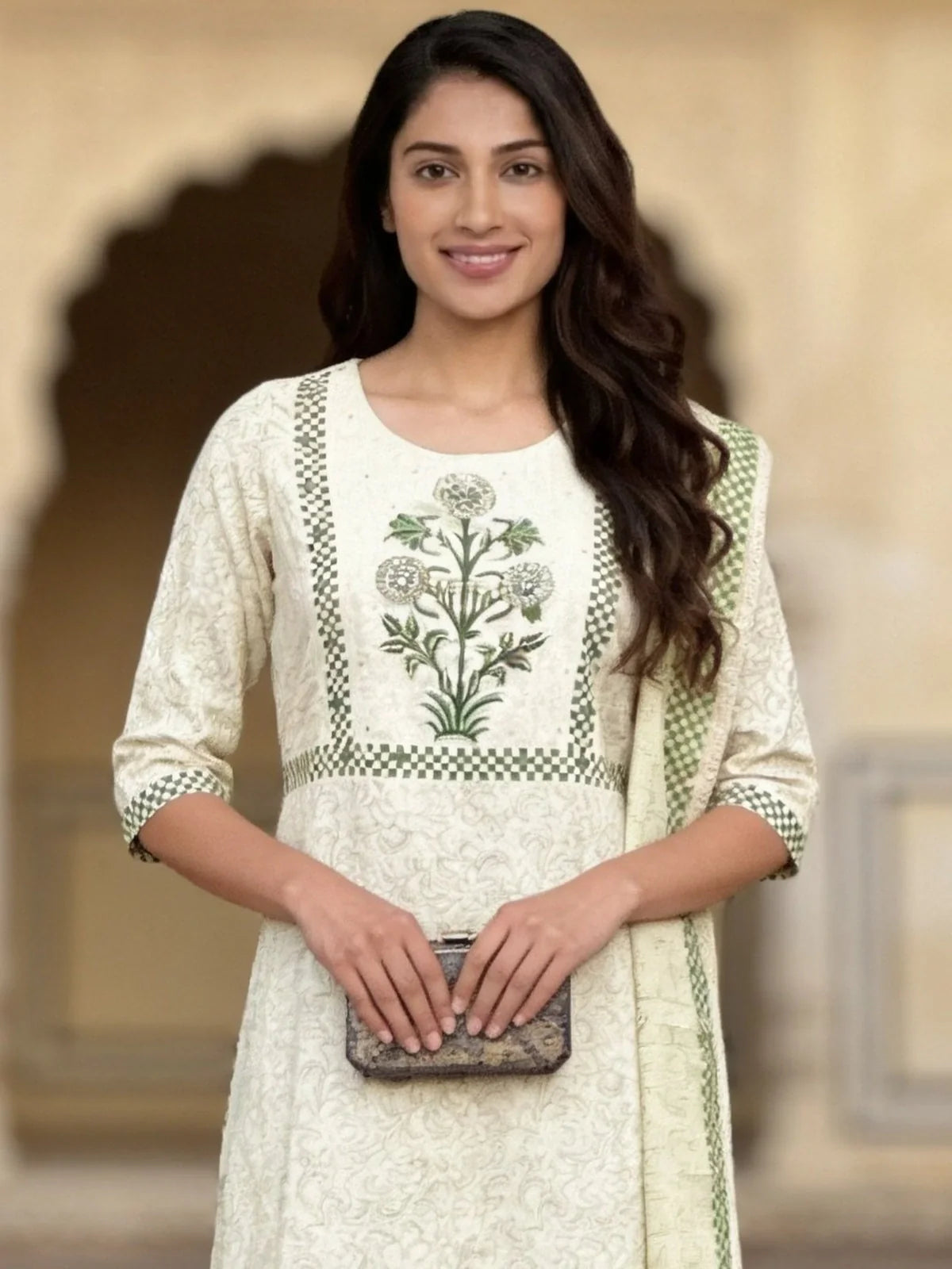Buy Off White Cotton Embroidered Straight Calf Length Kurta With Pant and Dupatta-Off White & Green