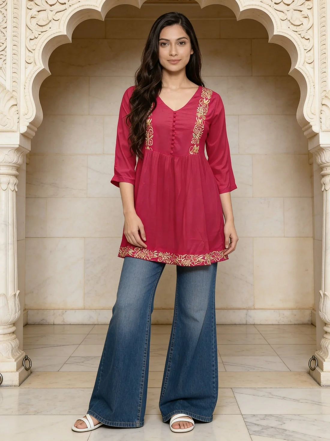 Buy Pink Rayon Embroidered A-Line Short Length Short Kurti-Pink
