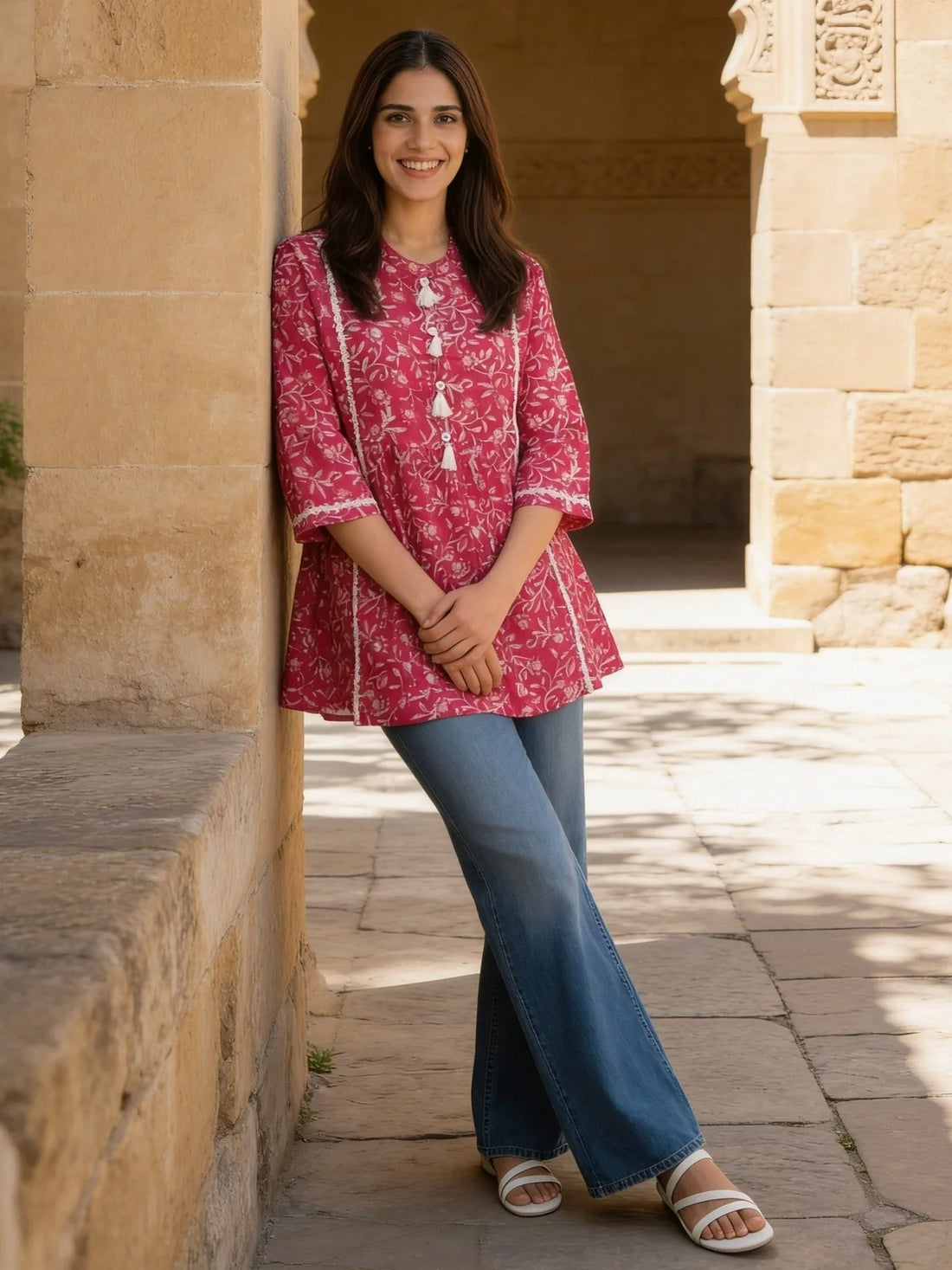 Buy Pink Cotton Printed A-Line Short Length Short Kurti-Pink