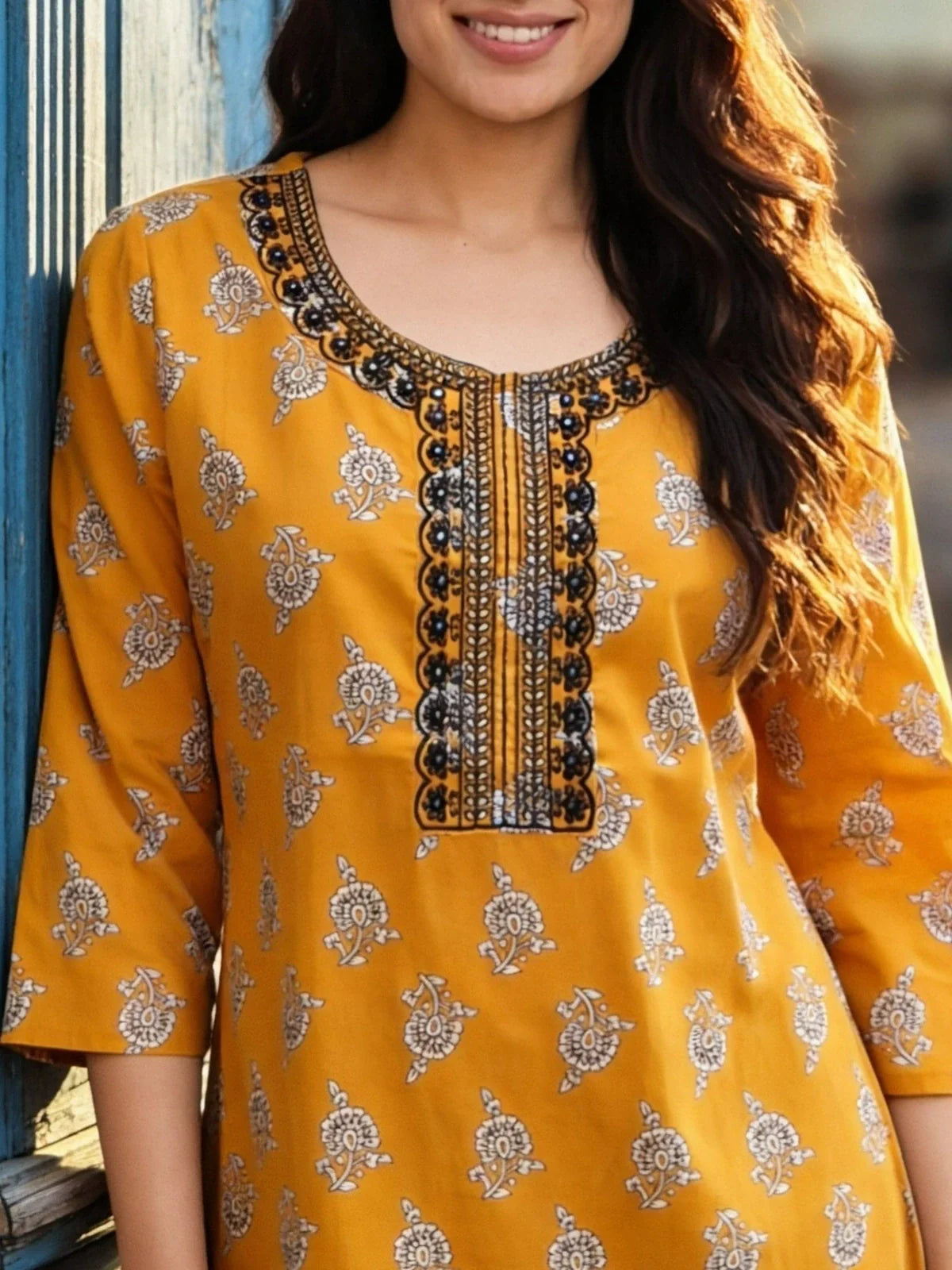 Buy Mustard Cotton Embroidered A-Line Short Length Short Kurti-Mustard