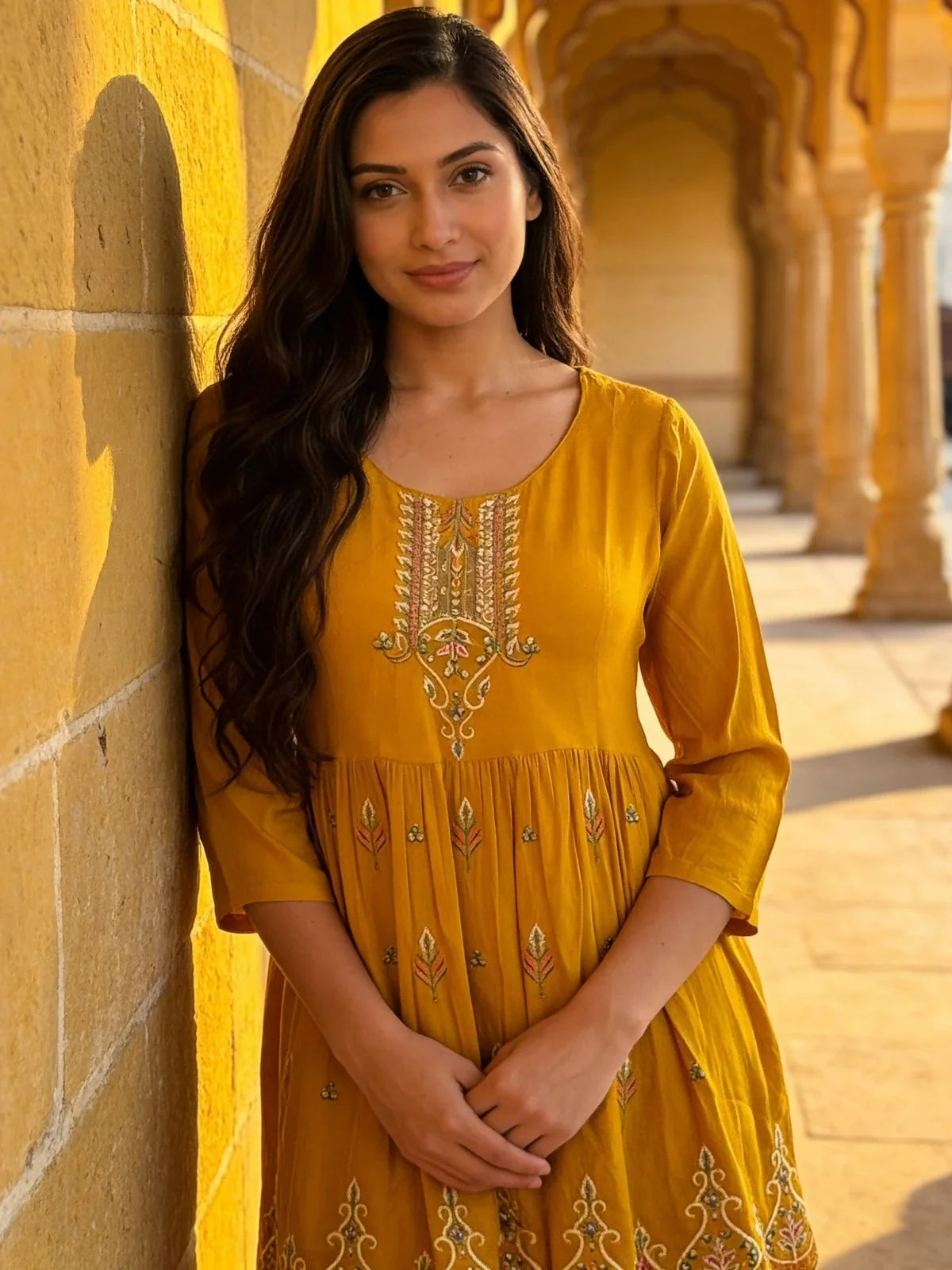 Buy Mustard Rayon Embroidered A-Line Short Length Short Kurti-Mustard