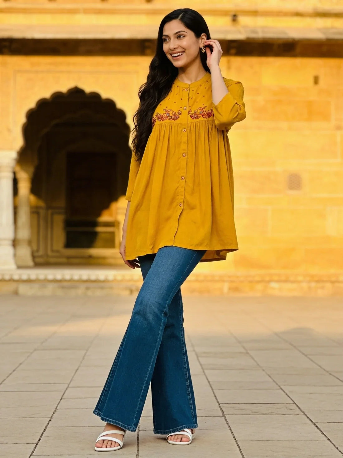 Buy Mustard Rayon Embroidered A-Line Short Length Short Kurti-Mustard