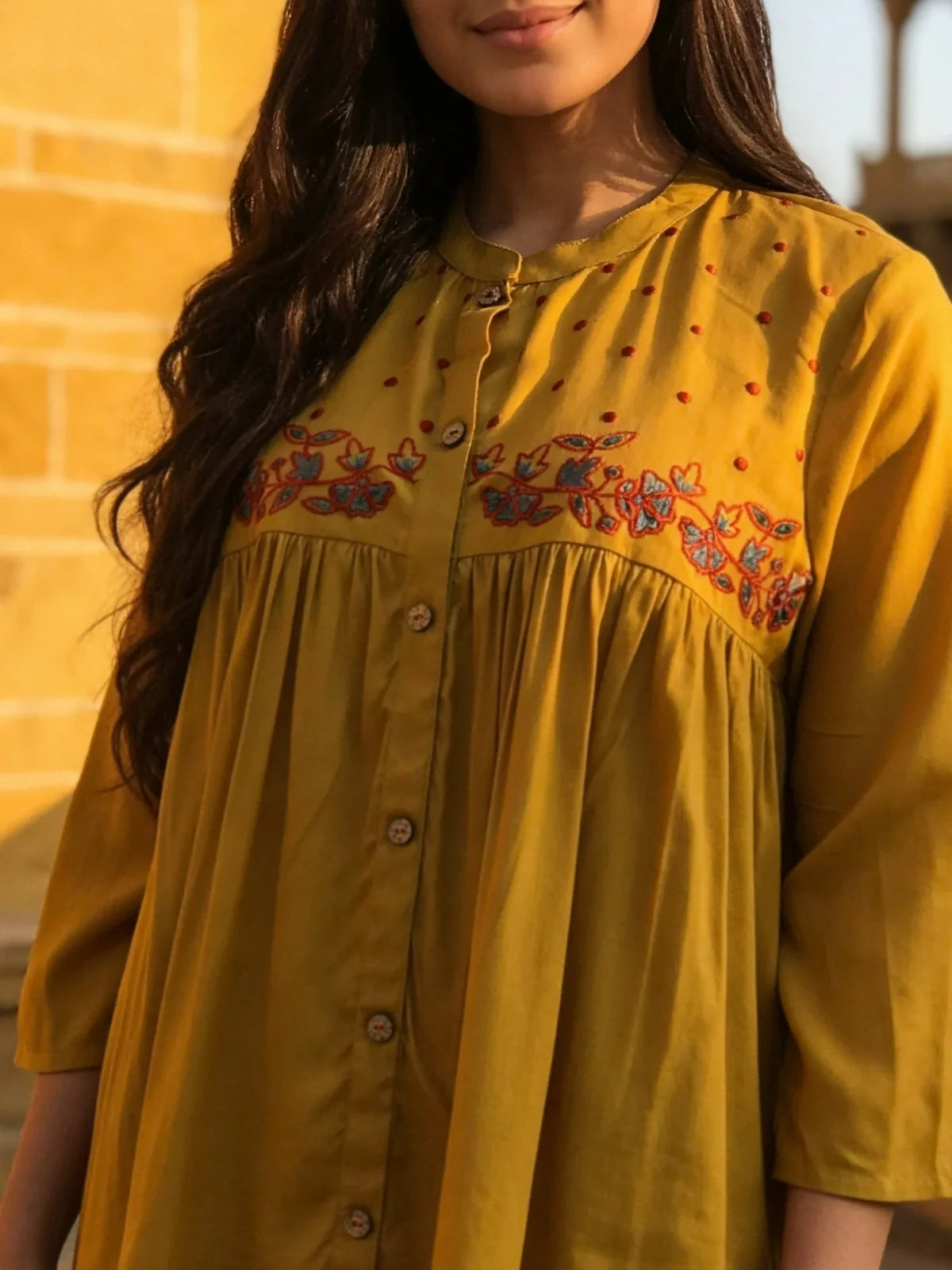 Buy Mustard Rayon Embroidered A-Line Short Length Short Kurti-Mustard