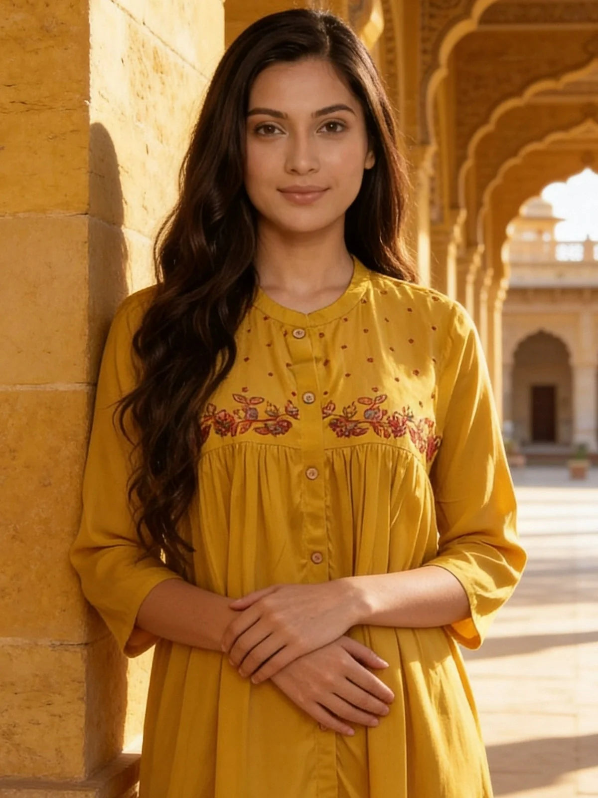 Buy Mustard Rayon Embroidered A-Line Short Length Short Kurti-Mustard