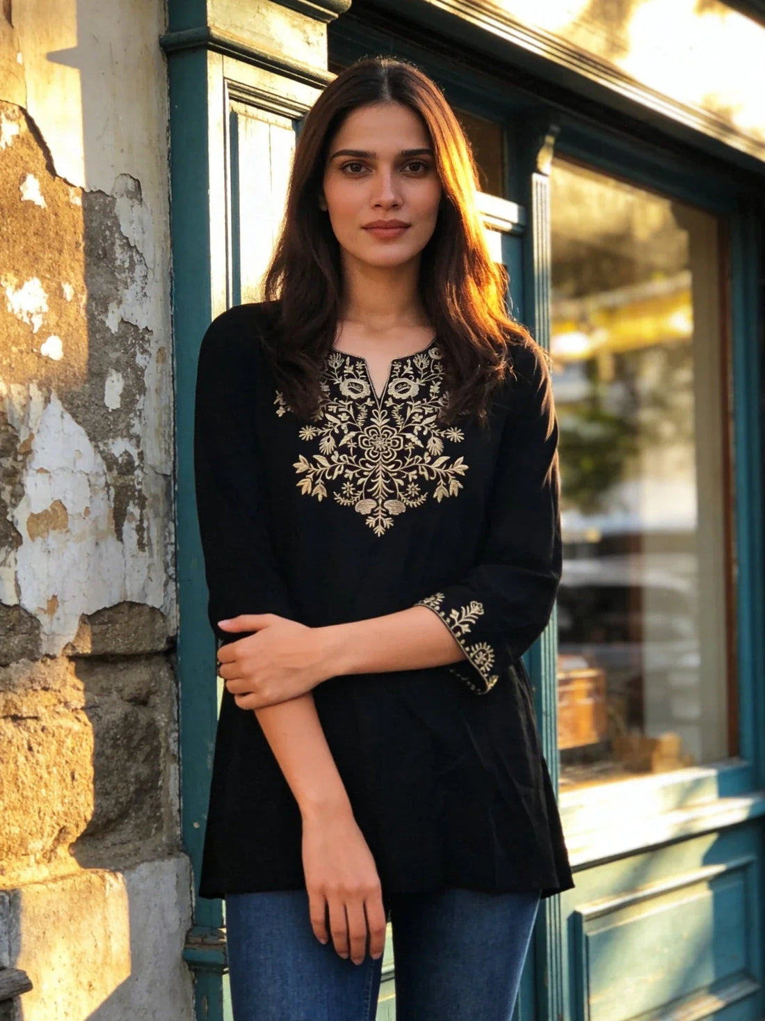 Buy Rayon Embroidered Straight Above Knee Short Kurta-Black