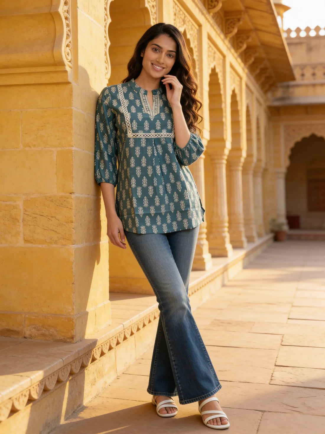 Buy Embroidered A-Line Short Length Short Kurta-Navy Blue