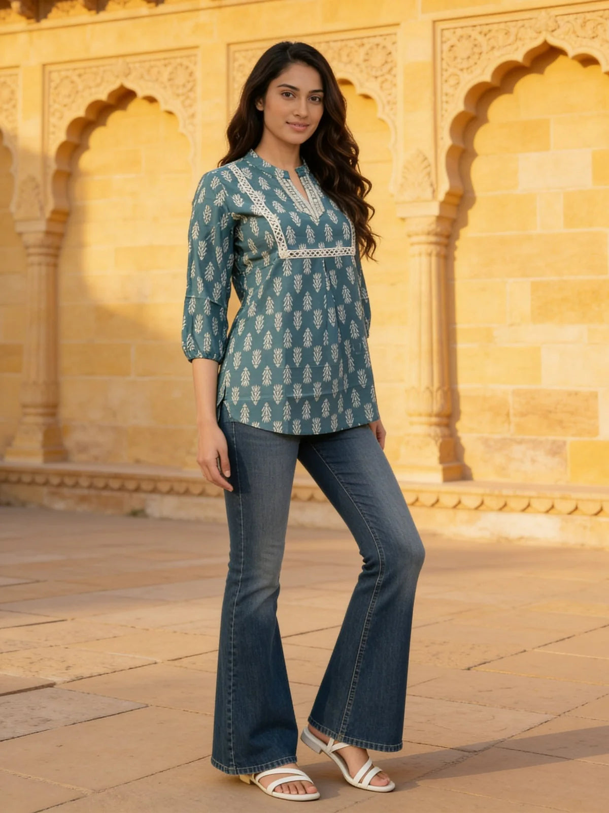 Buy Embroidered A-Line Short Length Short Kurta-Navy Blue
