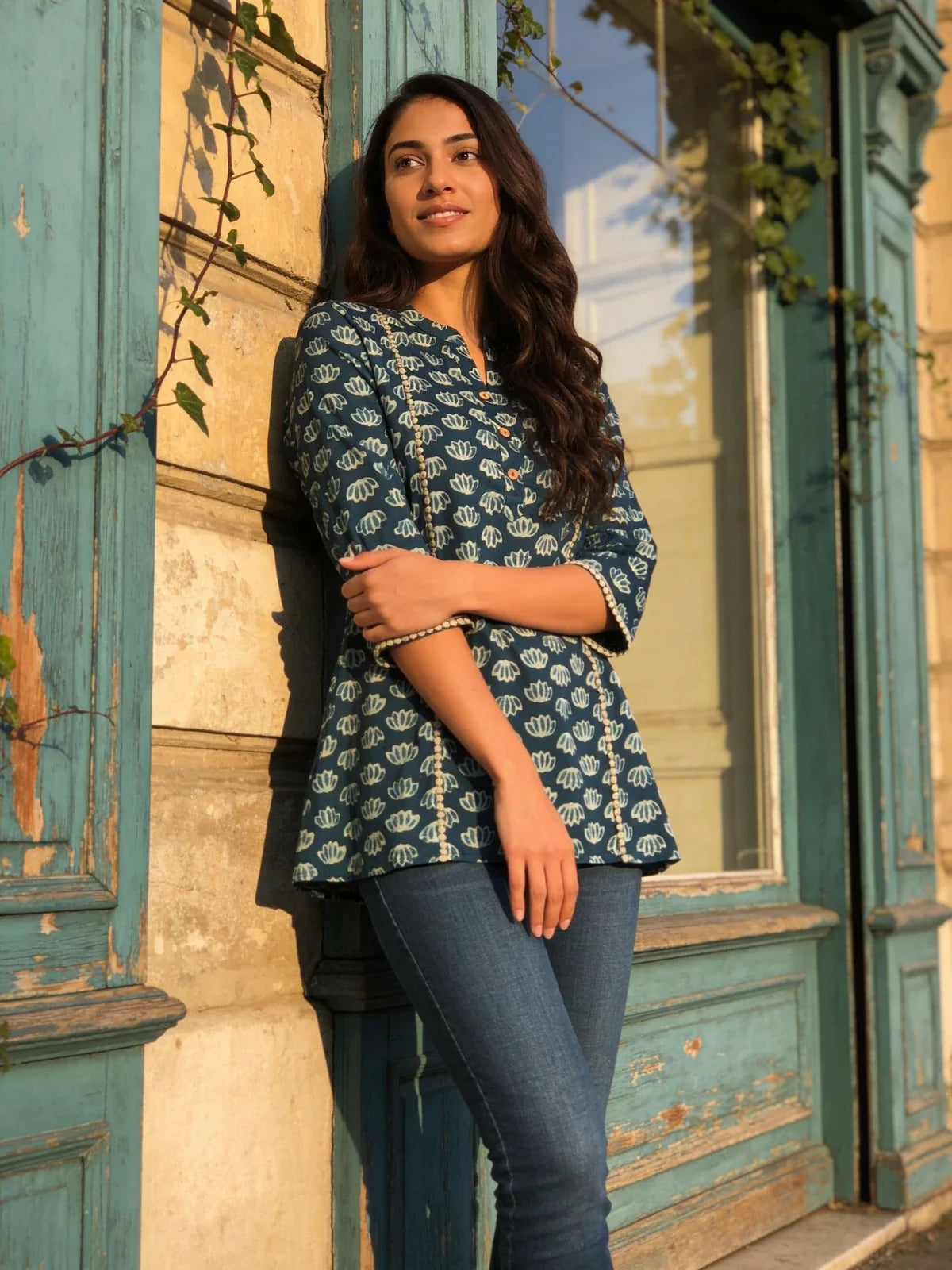 Buy Cotton Printed Straight Above Knee Short Kurta-Grey
